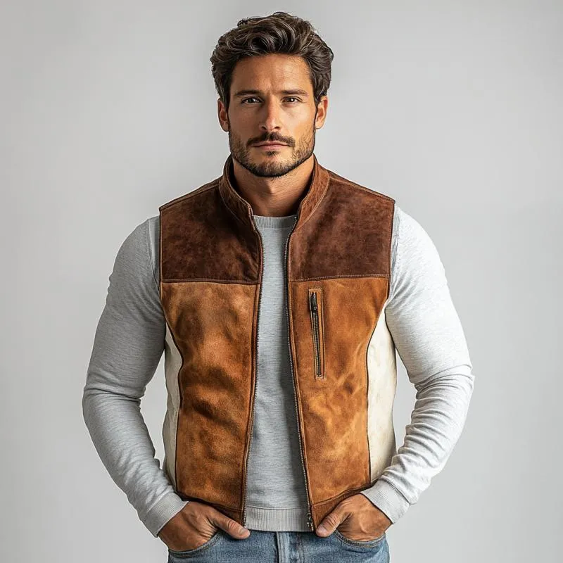 Men's Vintage Suede Colorblock Zipper Stand Collar Vest 54768928Y sold by Manly product image thumbnail 3