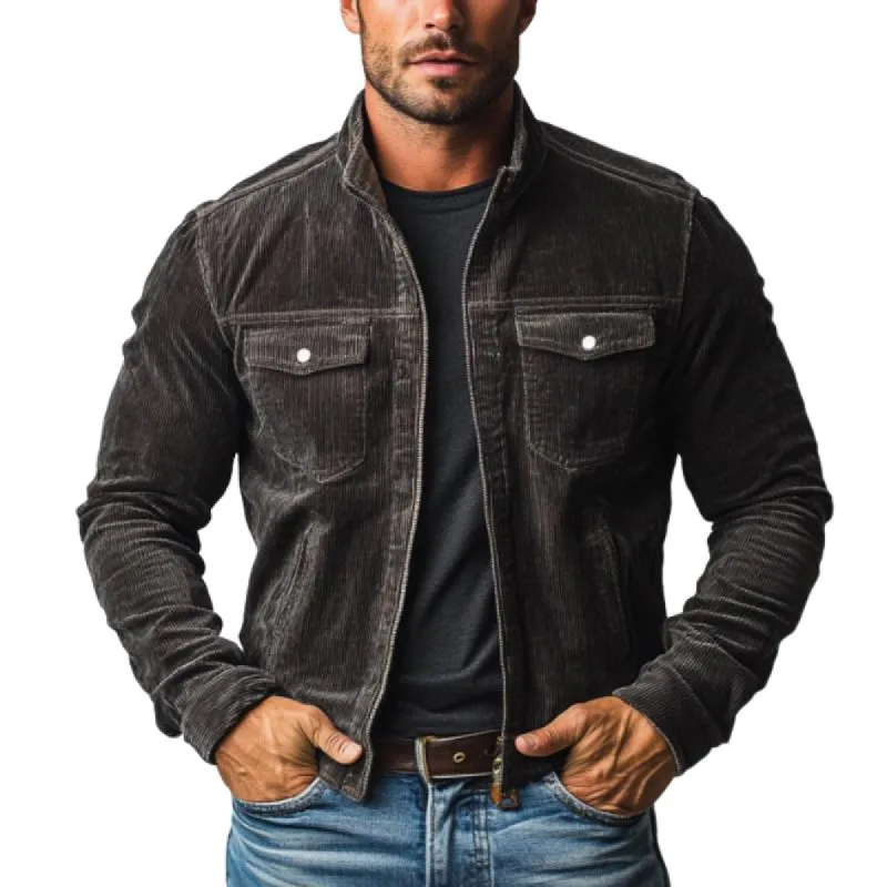 Men's Fashion Vintage Corduroy Stand Collar Zipper Multi-Pocket Jacket 29628595Y sold by Manly