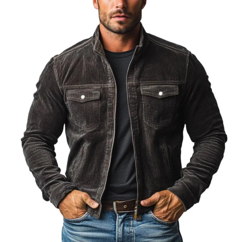 Men's Fashion Vintage Corduroy Stand Collar Zipper Multi-Pocket Jacket 29628595Y sold by Manly