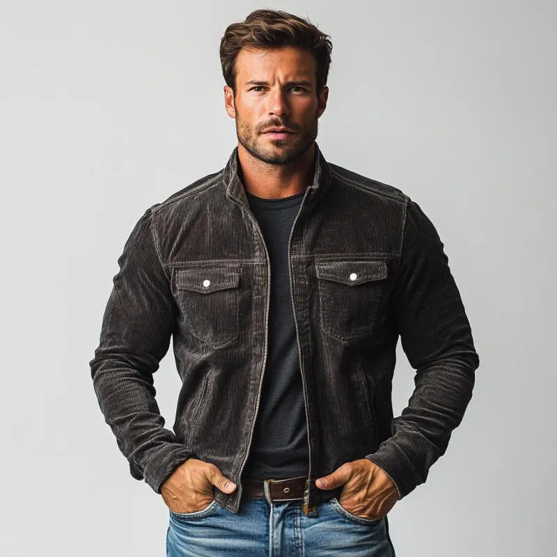 Men's Fashion Vintage Corduroy Stand Collar Zipper Multi-Pocket Jacket 29628595Y sold by Manly product image thumbnail 3