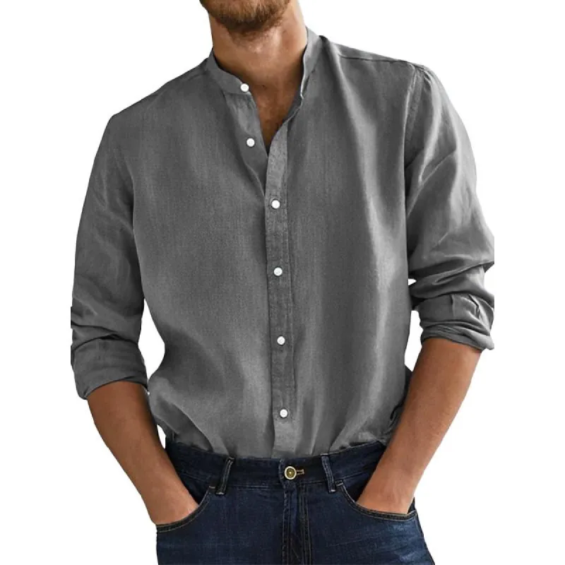 Men's Casual Solid Color Cotton and Linen Stand Collar Long Sleeve Shirt 79271978Y sold by Manly