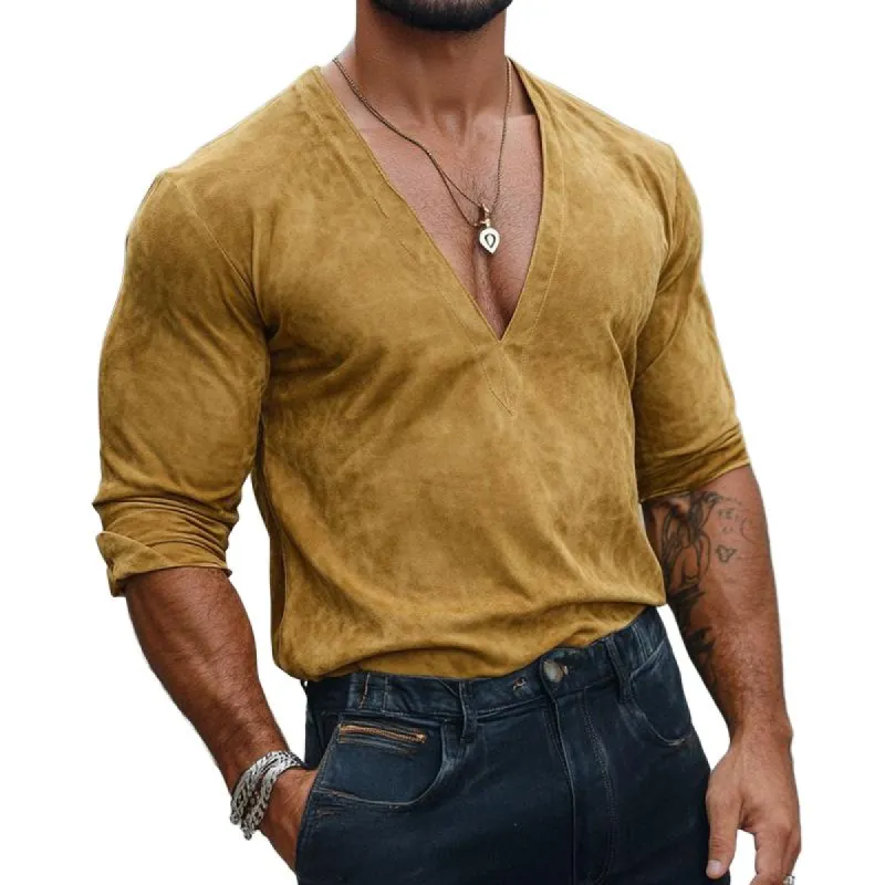 Men's Fashion Suede V-Neck Slim Fit Long Sleeve T-Shirt 53190393Y sold by Manly