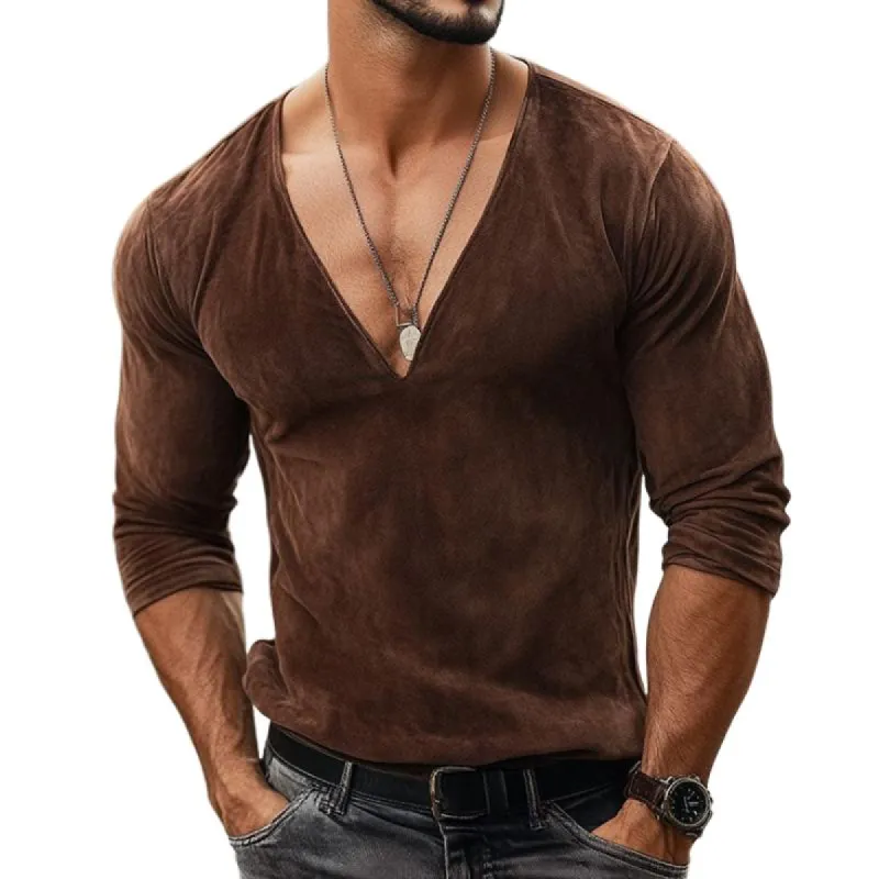 Men's Fashion Suede V-Neck Slim Fit Long Sleeve T-Shirt 09868223Y sold by Manly
