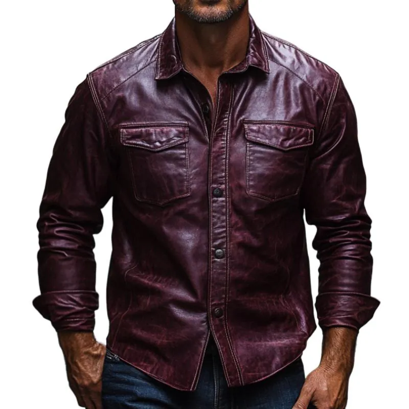 Men's Vintage Burgundy Lapel Long Sleeve Leather Shirt 26421999F sold by Manly