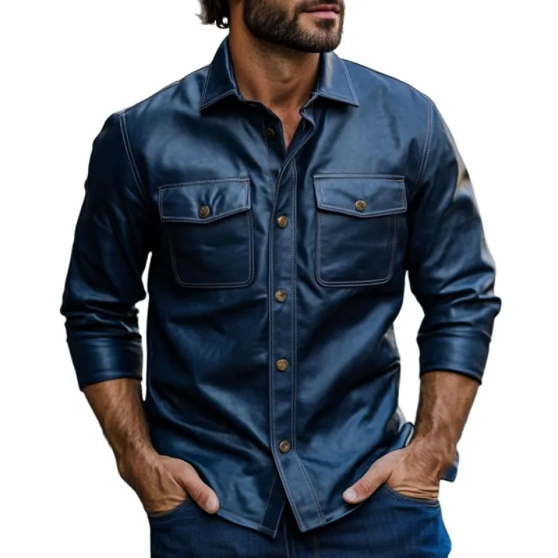 Men's Casual Dark Blue Lapel Long Sleeve Leather Shirt 72092555F sold by Manly