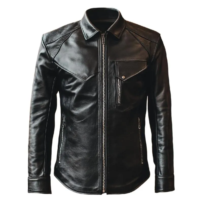 Men's Multi-Pocket Black Lapel Long Sleeve Leather Shirt 24999969F sold by Manly