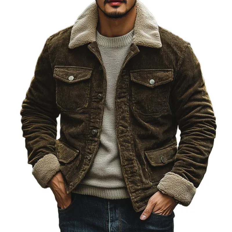 Men's Fleece Lapel Corduroy Multi-pocket Single Breasted Cargo Jacket 64733088Z sold by Manly