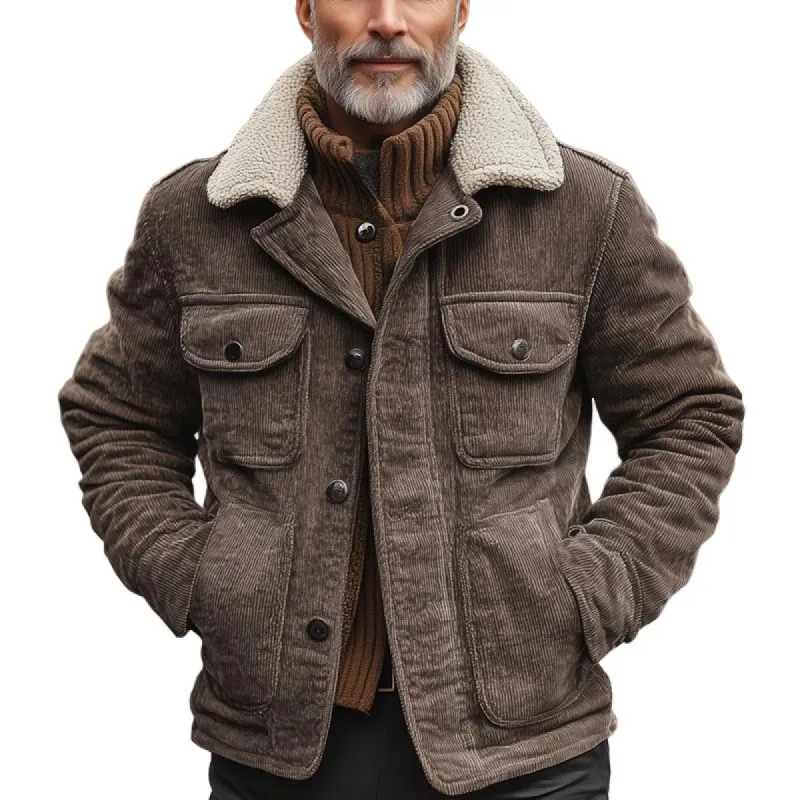 Men's Fleece Lapel Corduroy Multi-pocket Single Breasted Cargo Jacket 31711009Z sold by Manly