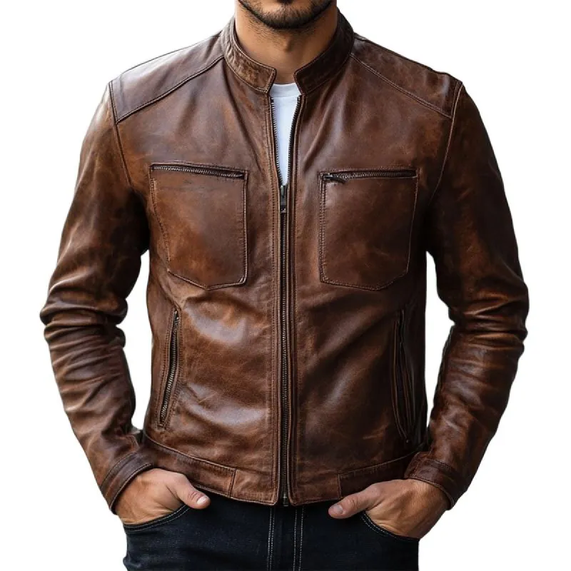 Men's Vintage Red Brown Zipper Leather Jacket 15004422U sold by Manly