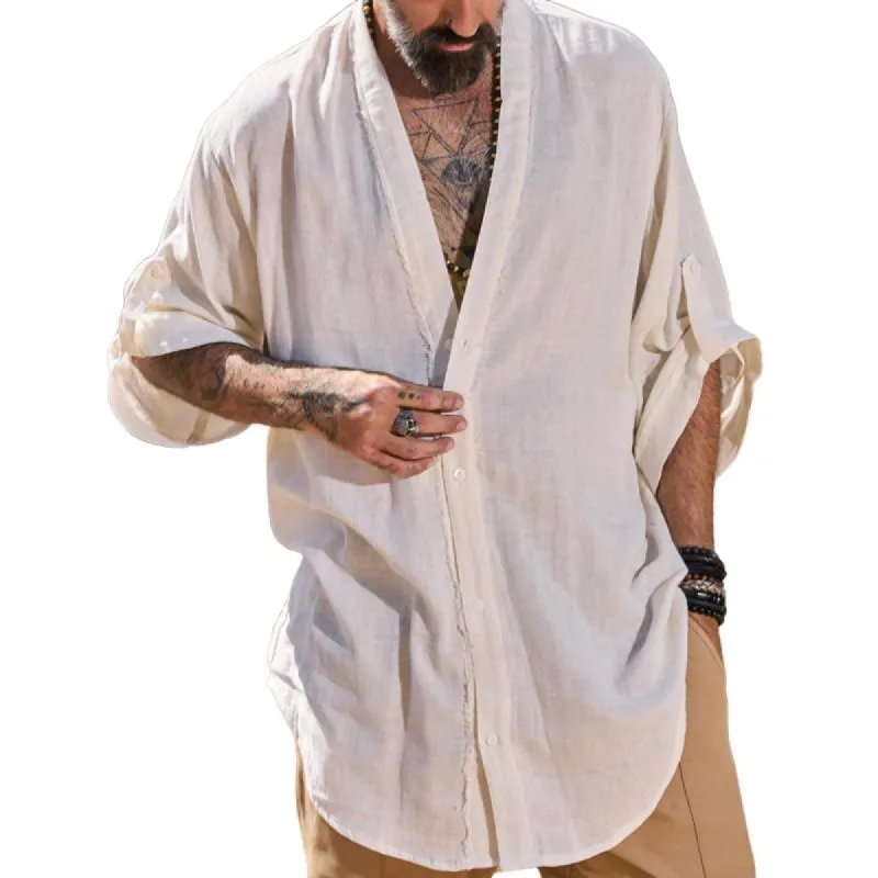 Men's Solid Color Loose V Neck Half Sleeve Shirt 42978684Z sold by Manly