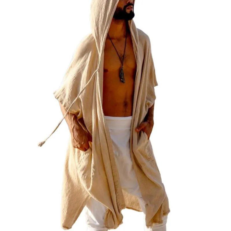 Men's Solid Color Cotton And Linen Hooded Half Sleeve Casual Cardigan 37180694Z sold by Manly