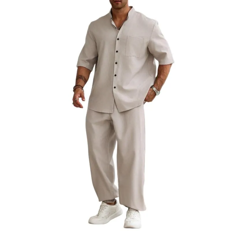 Men's Solid Color Stand Collar Short Sleeve Shirt Elastic Waist Pants Casual Set 47929717Z sold by Manly