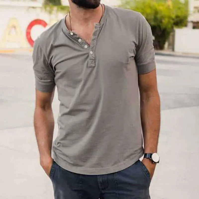 Men's Vintage Solid Color Henley Collar Short Sleeve T-Shirt 88474624Y sold by Manly product image thumbnail 3