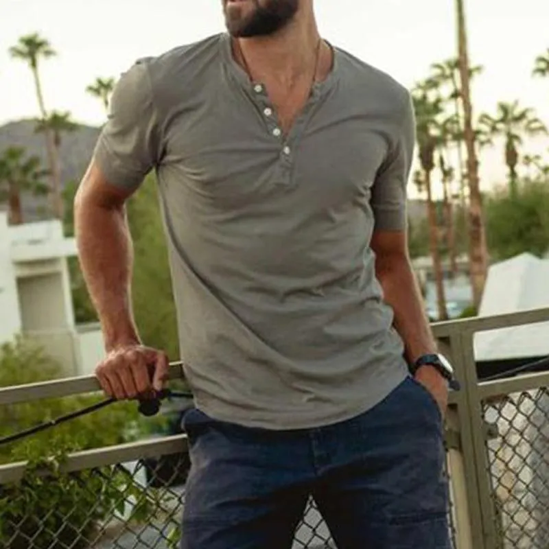 Men's Vintage Solid Color Henley Collar Short Sleeve T-Shirt 88474624Y sold by Manly product image thumbnail 2