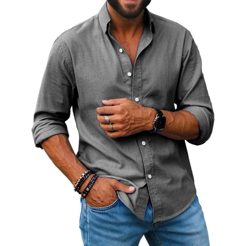 Men's Fashion Solid Color Lapel Long Sleeve Casual Shirt 16374096Z sold by Manly