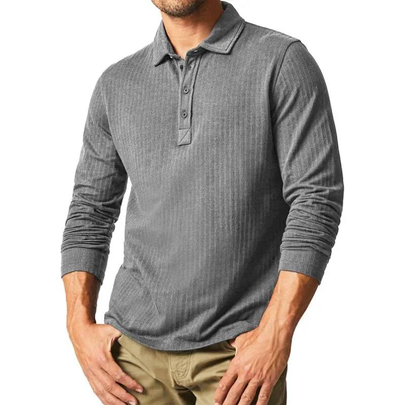 Men's Fashion Solid Color Striped Lapel Long Sleeve Casual Polo Shirt 29310386Z sold by Manly