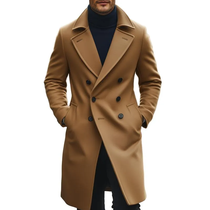 Men's Fashion Solid Lapel Double Breasted Long Coat 87497080Z sold by Manly