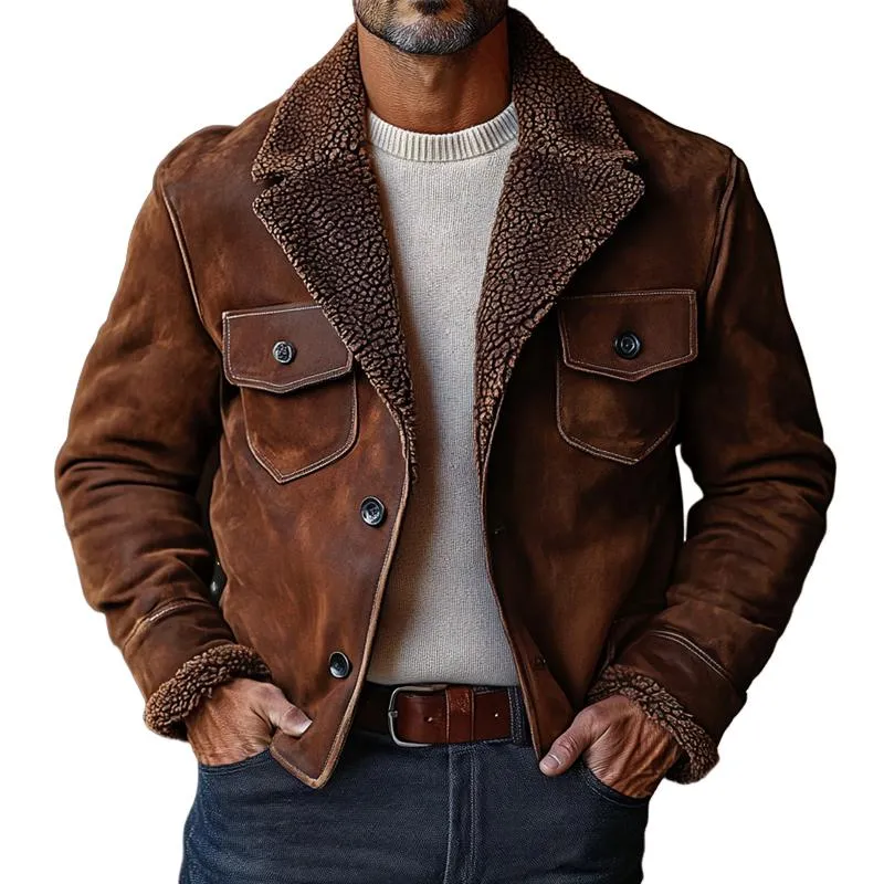 Men's Vintage Suede Fleece Lapel Chest Pocket Single Breasted Jacket 05860237Z sold by Manly