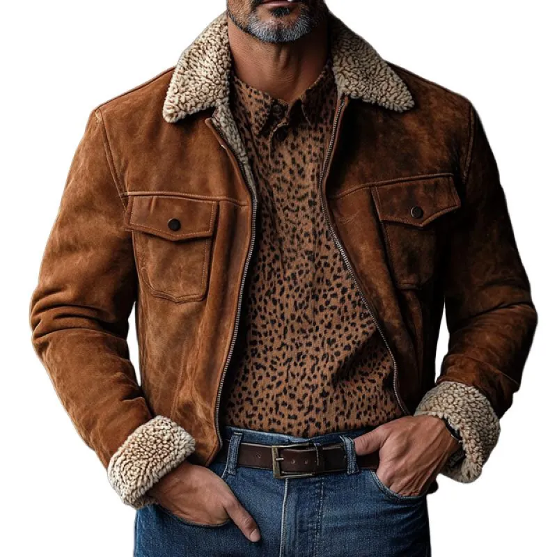 Men's Vintage Suede Fleece Lapel Chest Pocket Zipper Jacket 64996299Z sold by Manly