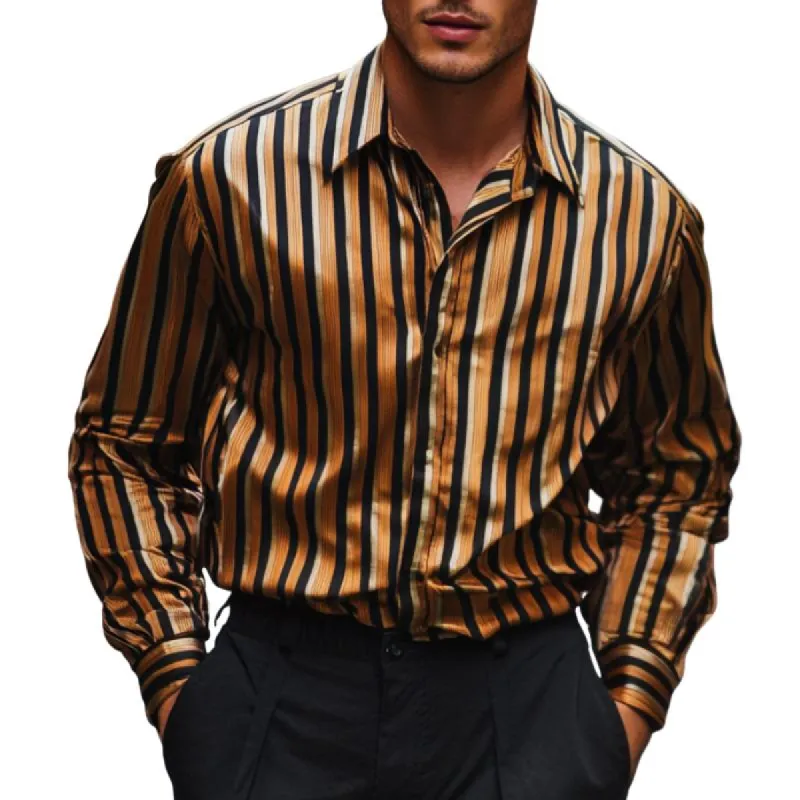 Men's Fashion Striped Satin Lapel Long Sleeve Shirt 12225822F sold by Manly