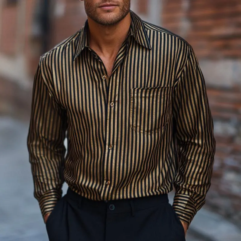 Men's Casual Striped Satin Lapel Long-sleeved Shirt 54501608F sold by Manly product image thumbnail 2