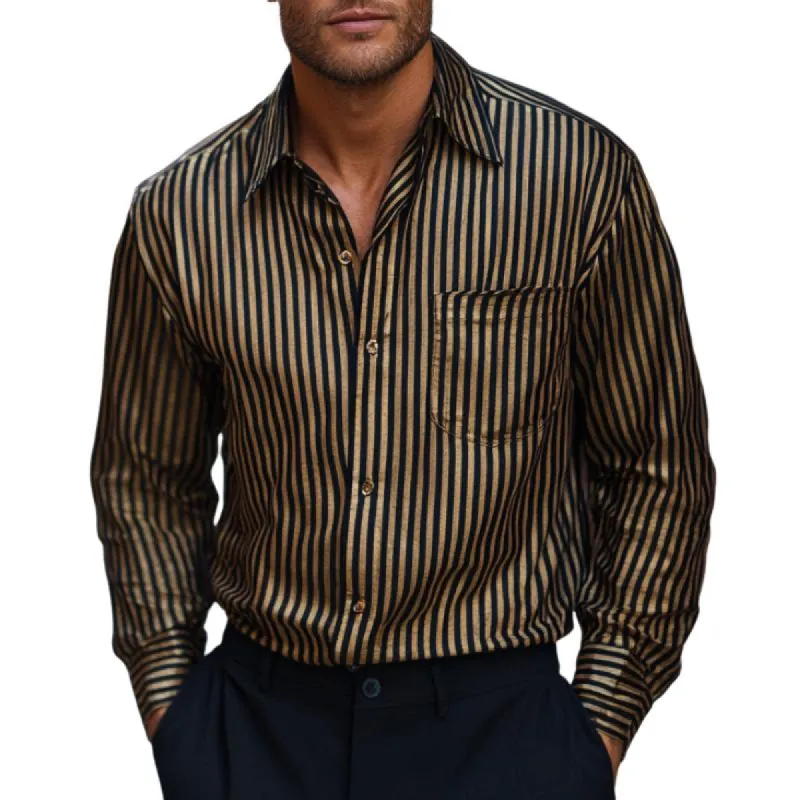 Men's Casual Striped Satin Lapel Long-sleeved Shirt 54501608F sold by Manly