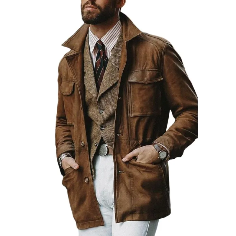 Men's Vintage Suede Lapel Multi-Pocket Slim Fit Safari Jacket 53707439M sold by Manly