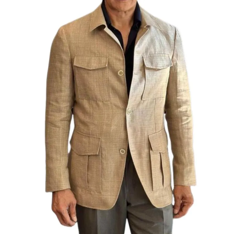 Men's Casual Cotton Linen Lapel Multi-pocket Safari Jacket 71673515M sold by Manly