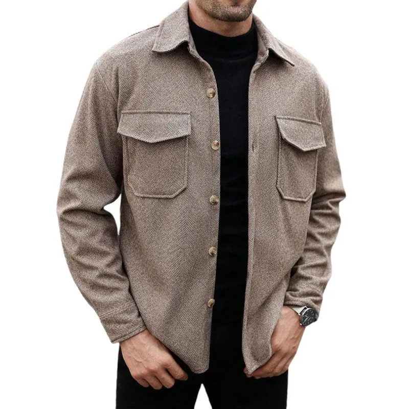 Men's Casual Herringbone Pattern Lapel Loose Chest Pocket Shirt 19600523M sold by Manly
