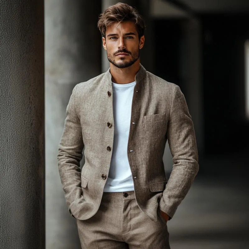 Men's Casual Linen Stand Collar Single Breasted Slim Fit Blazer 96178547M sold by Manly product image thumbnail 3