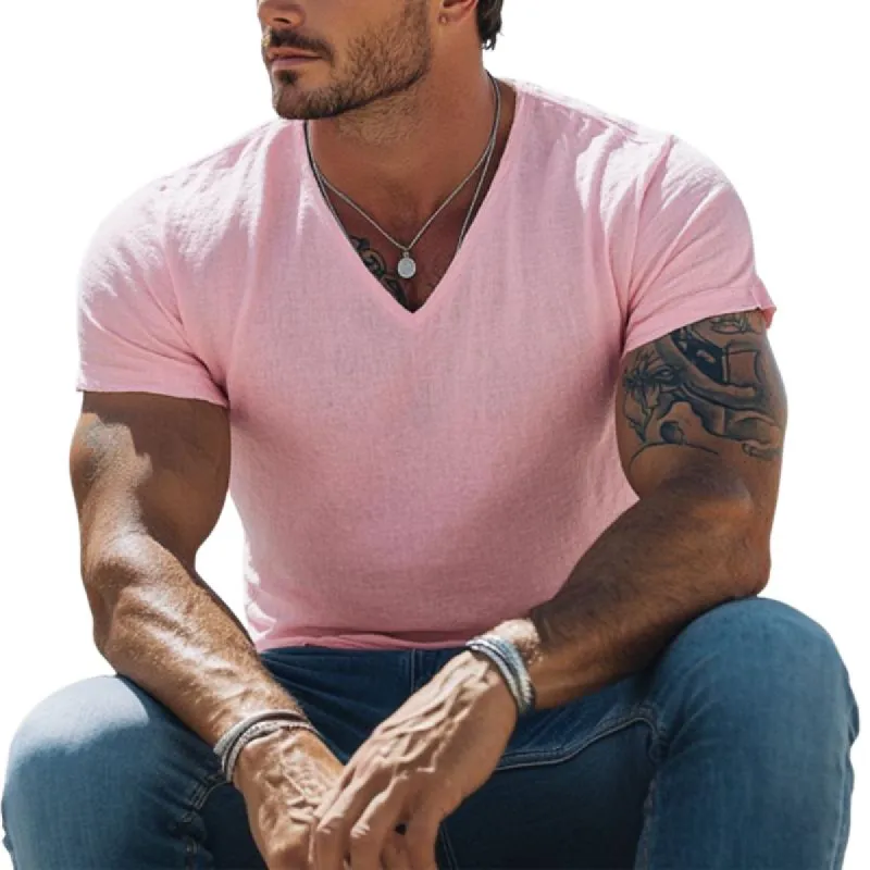 Men's Casual Cotton Linen V-neck Slim Short-sleeved T-shirt 60668034M sold by Manly