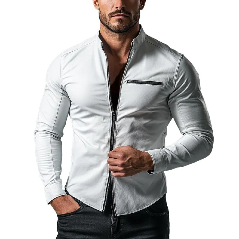 Mens Fashion Zipper Stand Collar Slim Fit Long Sleeve Leather Shirt 74416703Y sold by Manly