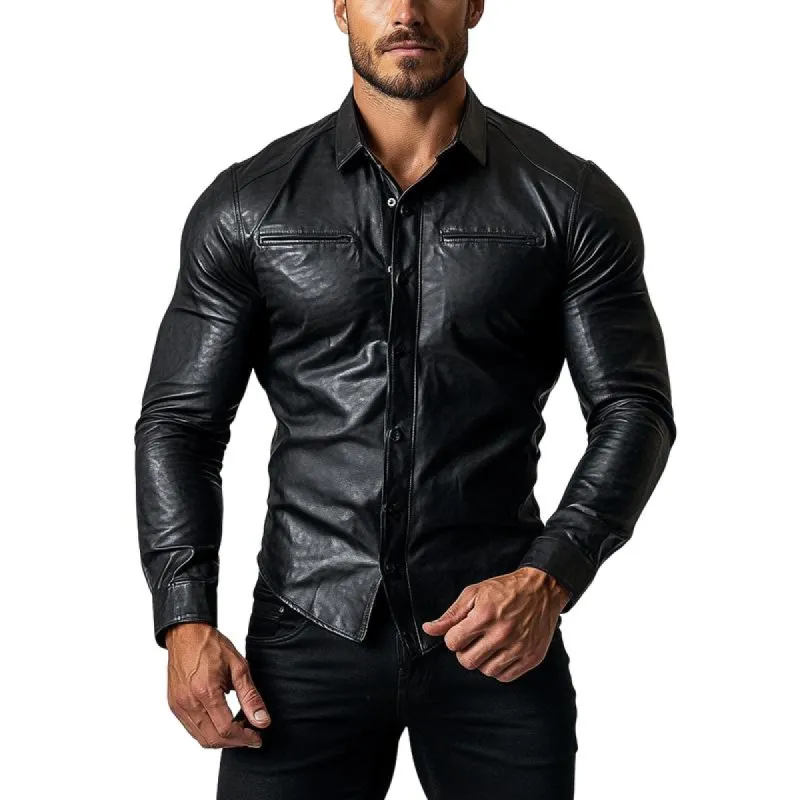 Mens Fashion Single Breasted Slim Fit Long Sleeve Leather Shirt 44723595Y sold by Manly