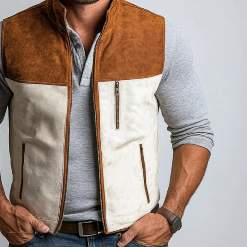 Men's Vintage Suede Colorblock Zipper Stand Collar Vest 97647242Y sold by Manly product image thumbnail 2
