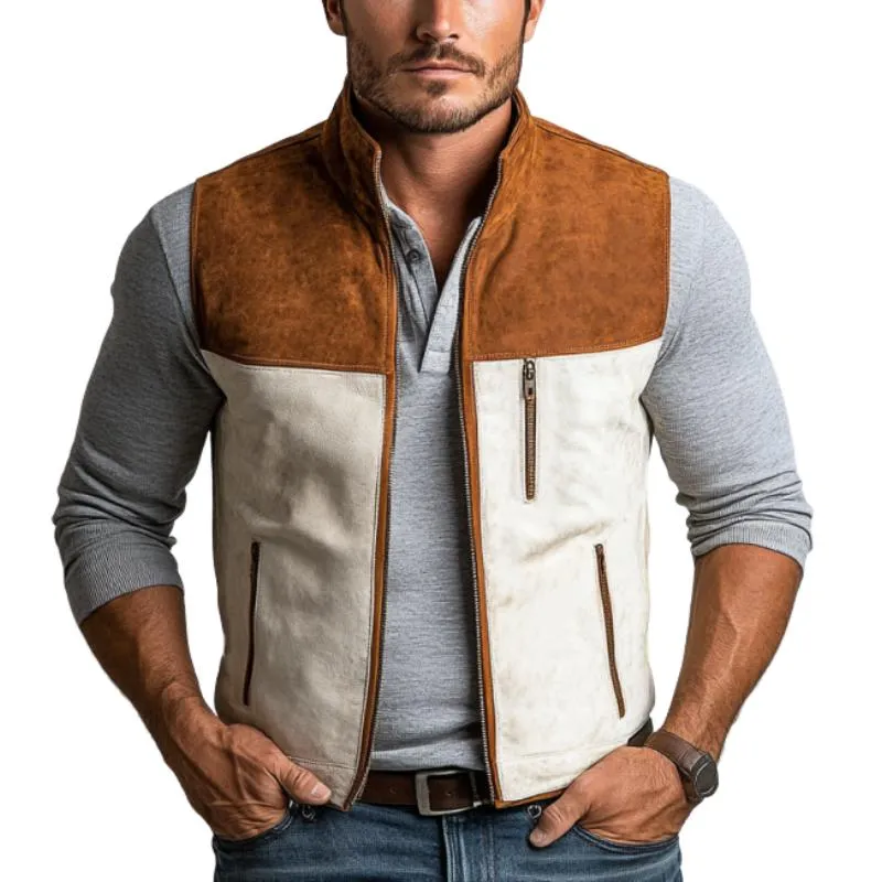 Men's Vintage Suede Colorblock Zipper Stand Collar Vest 97647242Y sold by Manly