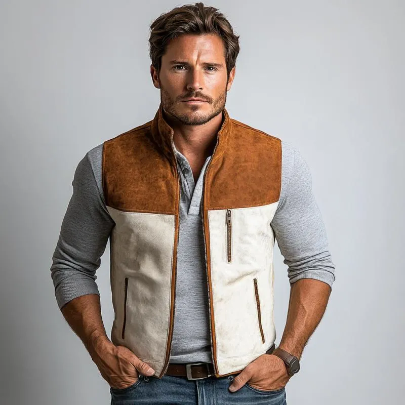 Men's Vintage Suede Colorblock Zipper Stand Collar Vest 97647242Y sold by Manly product image thumbnail 3