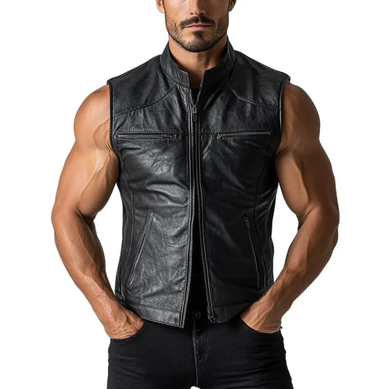 Men's Vintage Motorcycle Zipper Stand Collar Leather Vest 08231671Y sold by Manly