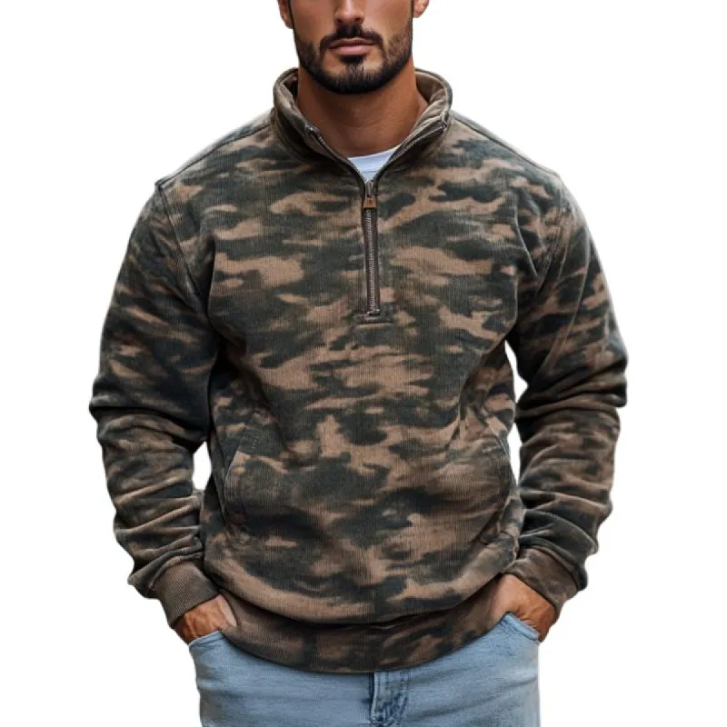 Men's Classic Casual Camouflage Stand Collar Zipper Corduroy Sweatshirt 87458787K sold by Manly
