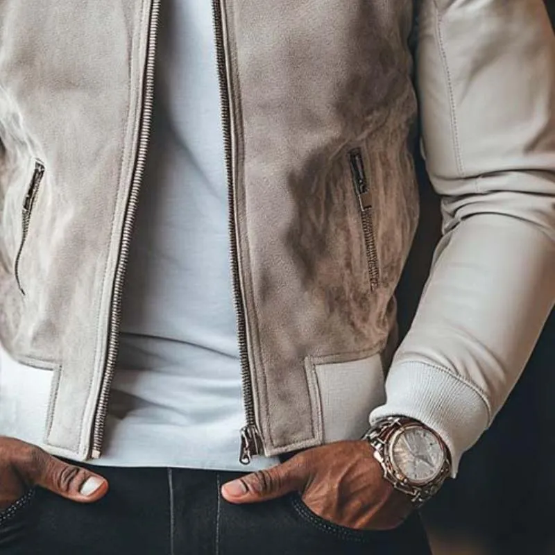 Men's Classic Casual Suede Stitching Slim Stand Collar Leather Jacket 49914704K sold by Manly product image thumbnail 4