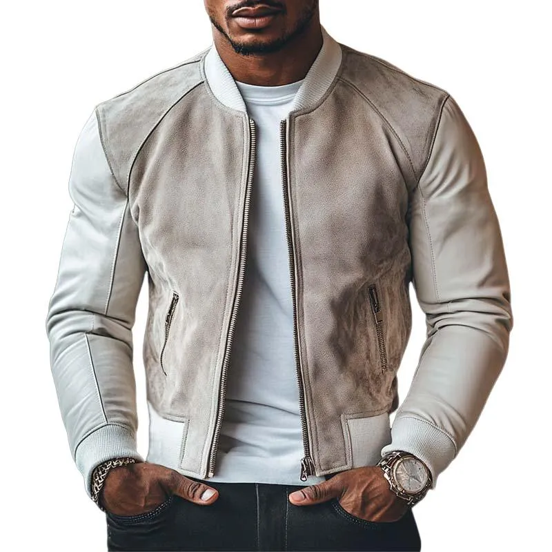 Men's Classic Casual Suede Stitching Slim Stand Collar Leather Jacket 49914704K sold by Manly