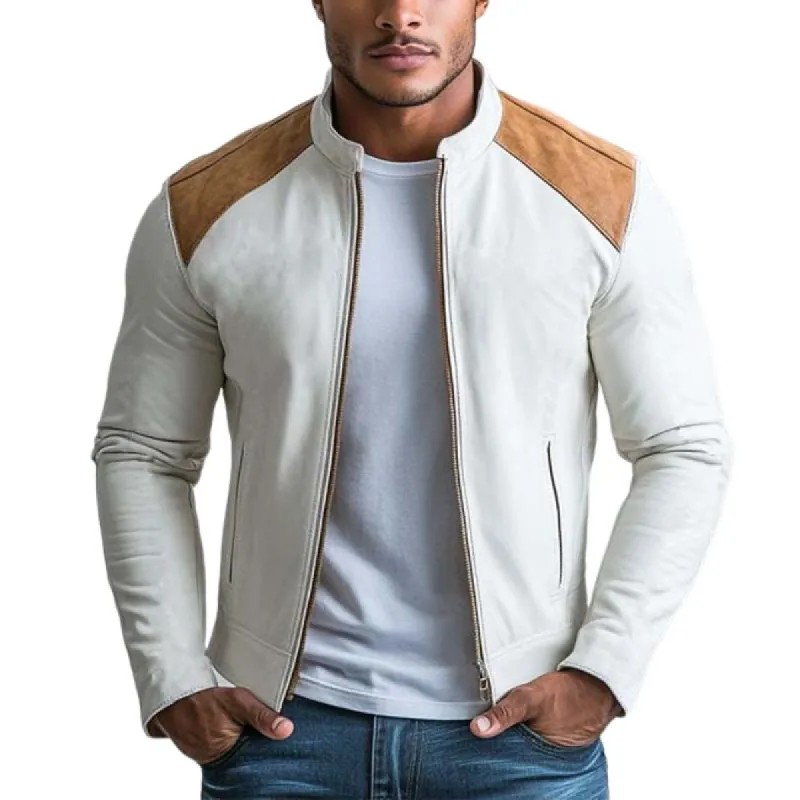 Men's Classic Casual Suede Stitching Slim Stand Collar Leather Jacket 52553272K sold by Manly