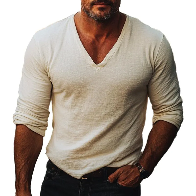 Men's Cotton and Linen V-neck Long-sleeved T-shirt 89271548X sold by Manly