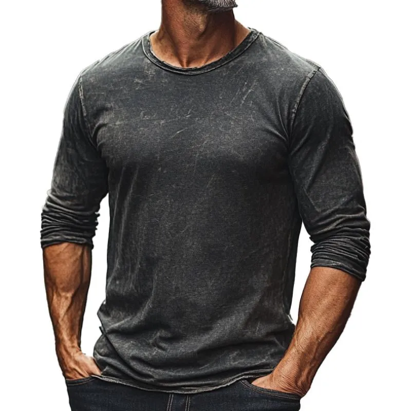 Men's Vintage Washed Distressed Round Neck Long Sleeve T-shirt 23612708X sold by Manly