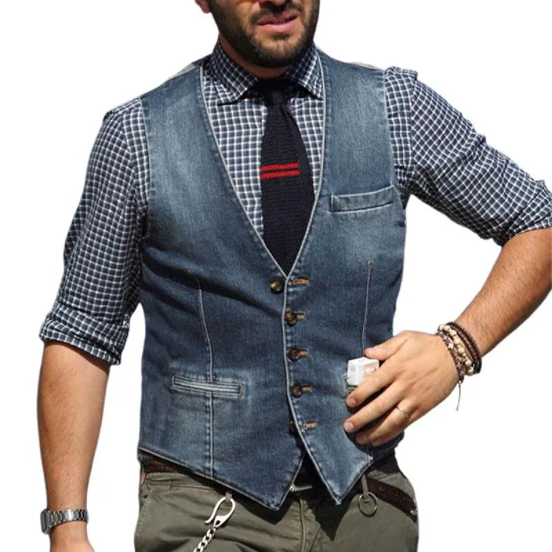 Men's Vintage V-Neck Washed Denim Vest 07818399U sold by Manly
