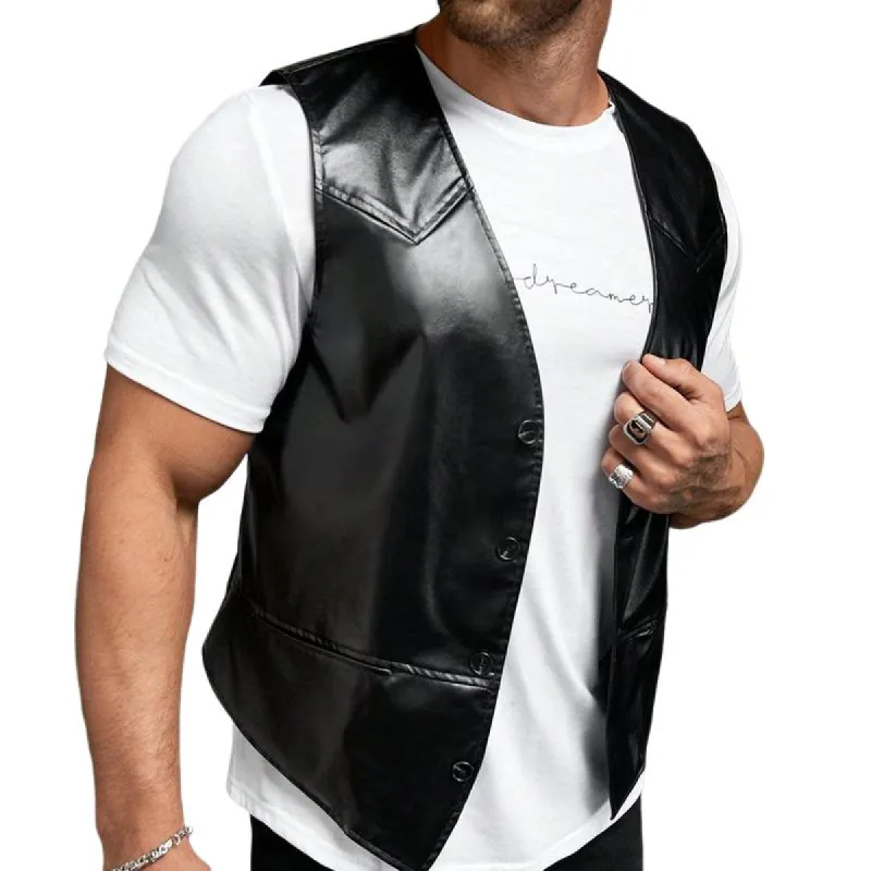 Men's V-neck Shiny Black Leather Vest 78558595U sold by Manly