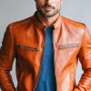 Men's Classic Casual Slim Stand Collar Leather Jacket 84240822K sold by Manly
