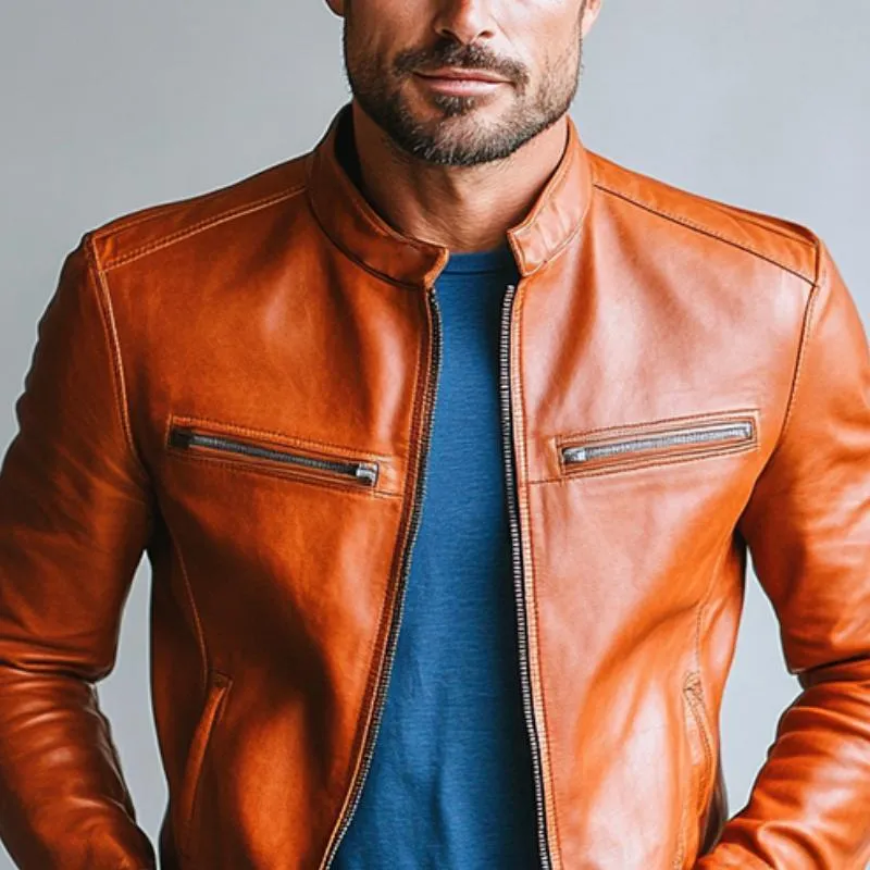 Men's Classic Casual Slim Stand Collar Leather Jacket 84240822K sold by Manly product image thumbnail 3