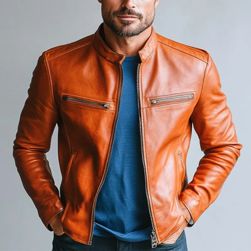 Men's Classic Casual Slim Stand Collar Leather Jacket 84240822K sold by Manly product image thumbnail 2