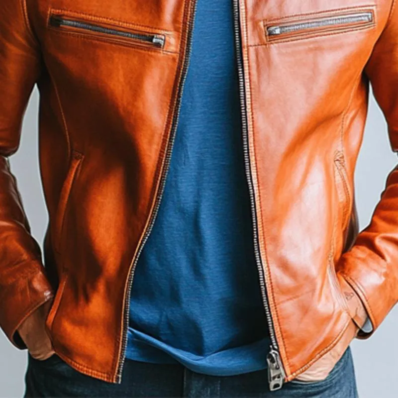 Men's Classic Casual Slim Stand Collar Leather Jacket 84240822K sold by Manly product image thumbnail 4