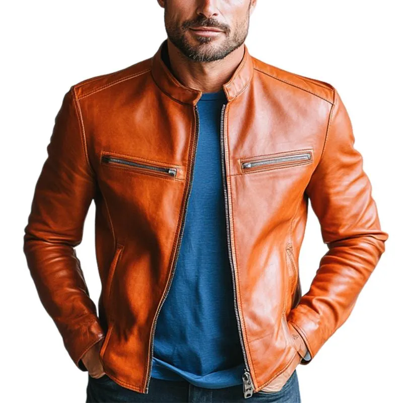 Men's Classic Casual Slim Stand Collar Leather Jacket 84240822K sold by Manly